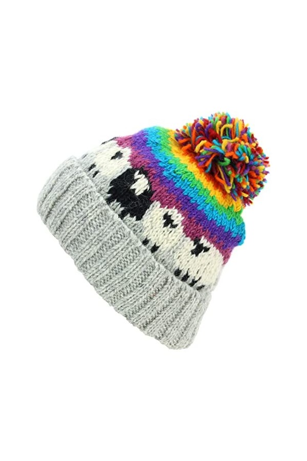 LOUDelephant Bonnet à pompon en laine - Mouton, Rayures arc-en-ciel gris clair, taille unique