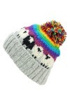LOUDelephant Bonnet à pompon en laine - Mouton, Rayures arc-en-ciel gris clair, taille unique