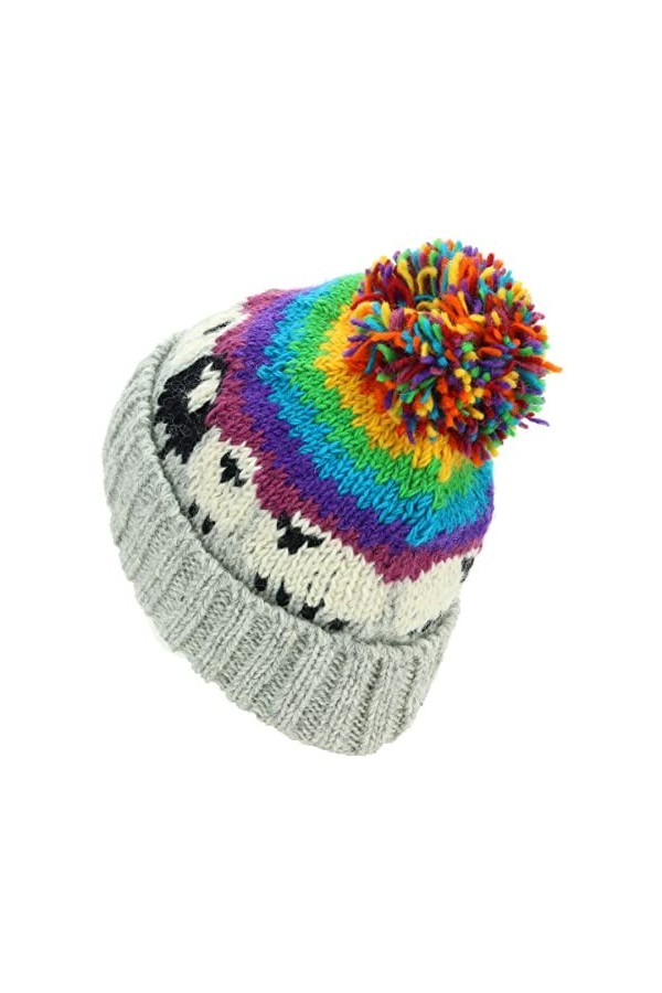 LOUDelephant Bonnet à pompon en laine - Mouton, Rayures arc-en-ciel gris clair, taille unique