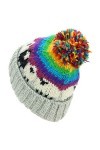 LOUDelephant Bonnet à pompon en laine - Mouton, Rayures arc-en-ciel gris clair, taille unique