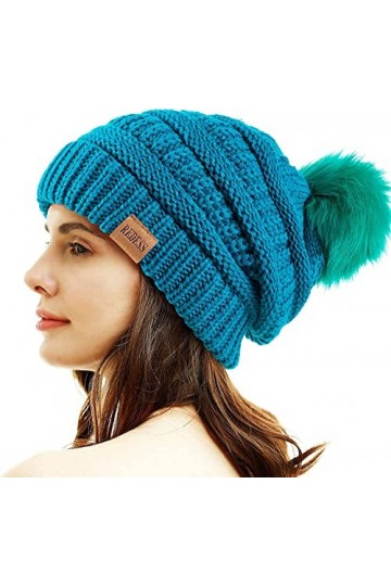 REDESS Bonnet dhiver à Pompons pour Femme Doublure Polaire Chaude Épais Slouchy Snow Knit Chunky Baggy Skull Ski Cap