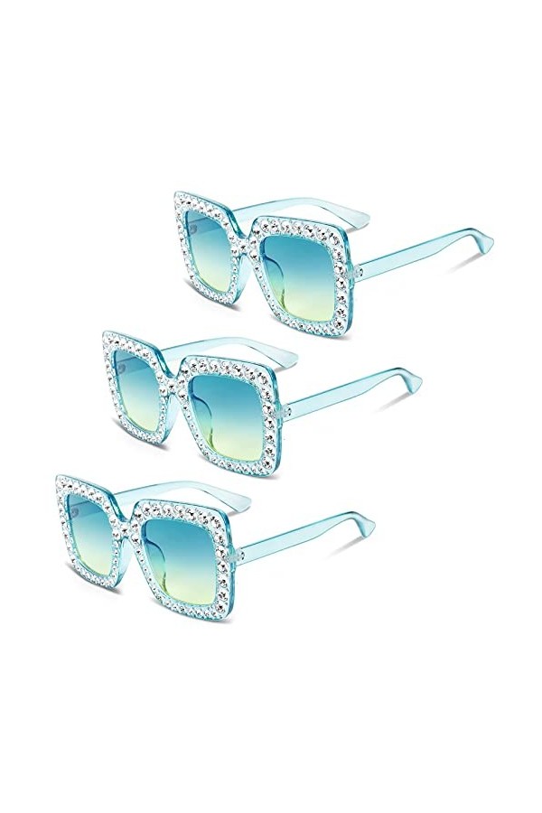 Lot de 3 paires de lunettes de soleil rectangulaires surdimensionnées avec strass - Unisexe - Monture épaisse - Style rétro -