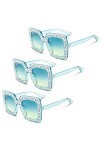 Lot de 3 paires de lunettes de soleil rectangulaires surdimensionnées avec strass - Unisexe - Monture épaisse - Style rétro -