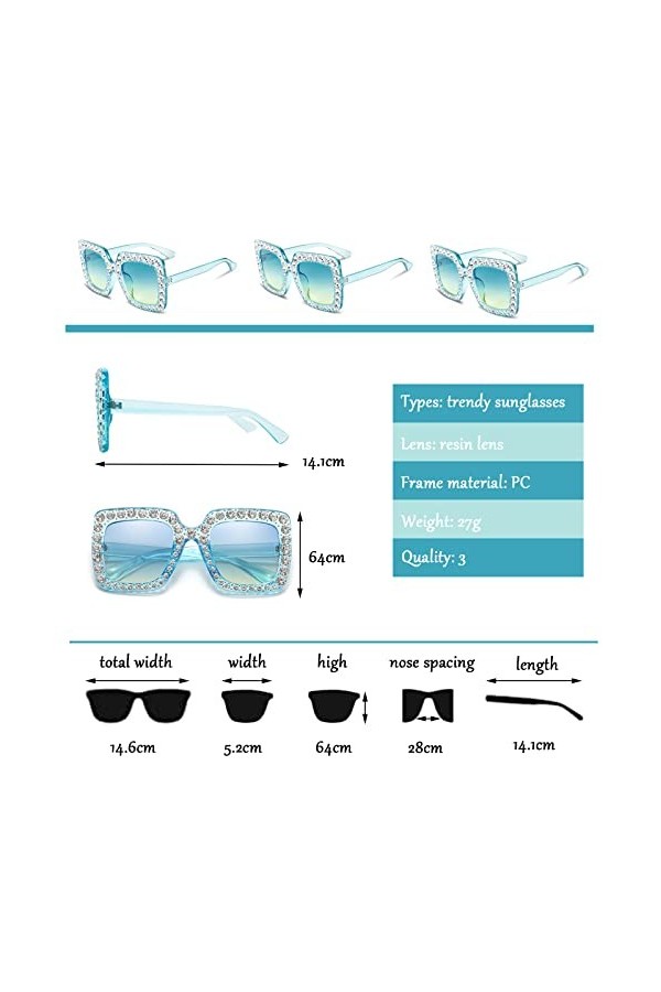 Lot de 3 paires de lunettes de soleil rectangulaires surdimensionnées avec strass - Unisexe - Monture épaisse - Style rétro -