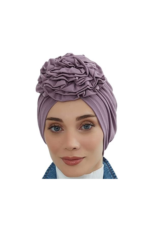 Aishas Design Turban instantané pour femme, 95 % coton, foulard hijab pré-noué, détail rose, lilas, taille unique