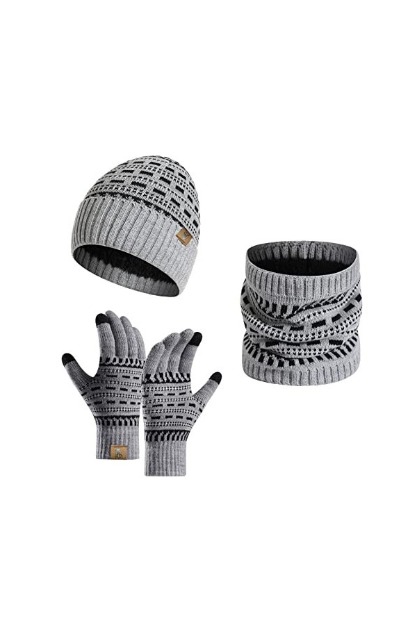 INSISMY Ensemble Bonnet Hiver Écharpe Gants décran Tactile Chapeau tricoté pour Homme Femme Cache-cou Bonnet de crâne épais 
