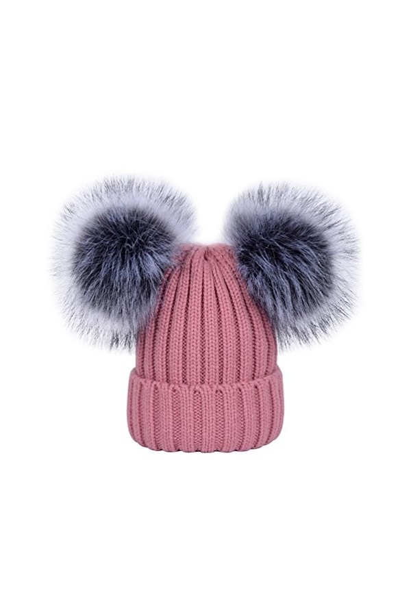 YoungSoul Bonnets femme chaud hiver - Bonnet tricot côtelé avec amovible deux pompons en fausse fourrure Rose foncé