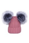 YoungSoul Bonnets femme chaud hiver - Bonnet tricot côtelé avec amovible deux pompons en fausse fourrure Rose foncé