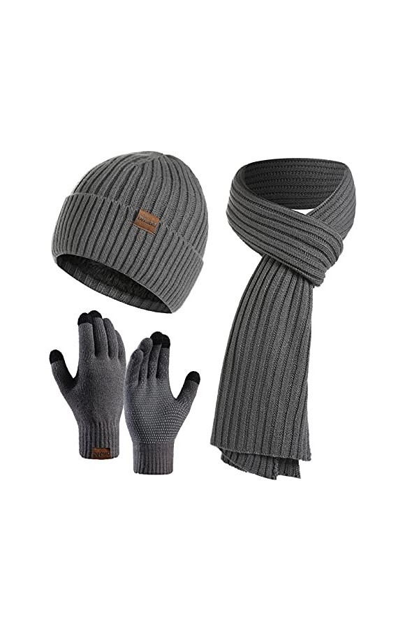 Yutdeng Ensemble Tricotés Bonnet Écharpe Longue e Gants Écran Tactile pour Homme Femme Classique dhiver Chaud Doublure en Po