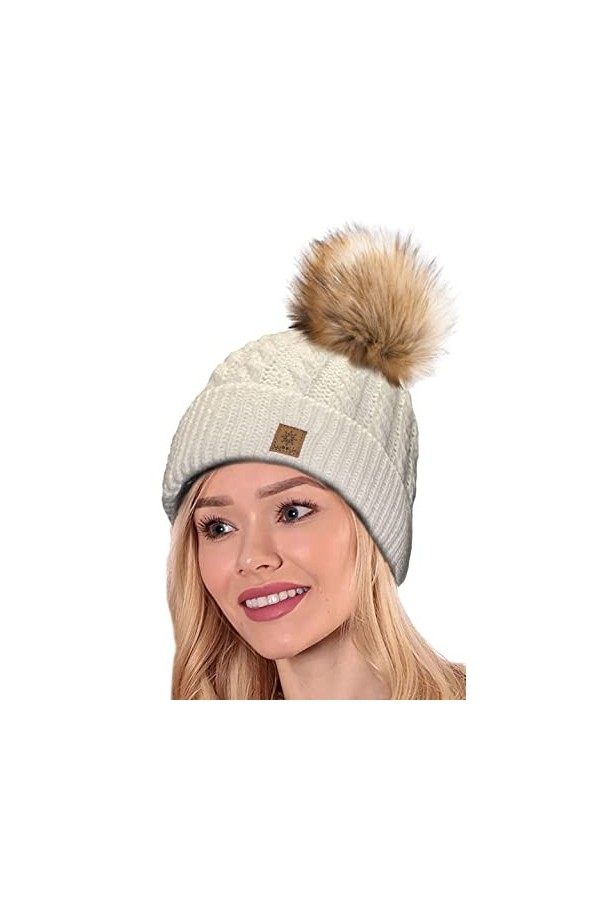 4sold Femme Set Bonnet et écharpe Mohair dhiver Wool Chapeau Hat Grande Faux Pom Pom Bonnet dhiver Chaud Doublure Polaire -