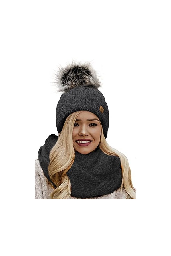 4sold Femme Set Bonnet et écharpe Mohair dhiver Wool Chapeau Hat Grande Faux Pom Pom Bonnet dhiver Chaud Doublure Polaire -