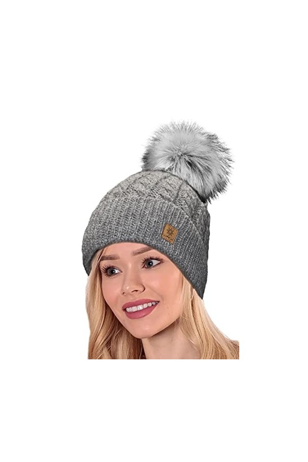 4sold Femme Set Bonnet et écharpe Mohair dhiver Wool Chapeau Hat Grande Faux Pom Pom Bonnet dhiver Chaud Doublure Polaire -