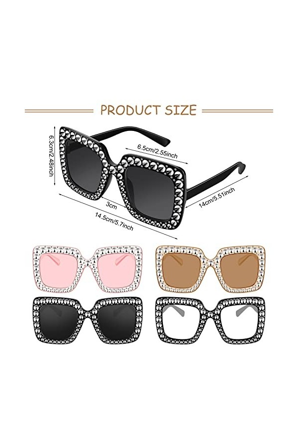 4 Paires de Lunettes de Soleil Strass Bling Unisexes Lunettes de Soleil Surdimensionnées Carrées à Monture Épaisse