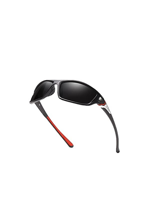 Grainas Lunettes de soleil de sport polarisées pour homme et femme - Monture incassable, noir/rouge, L