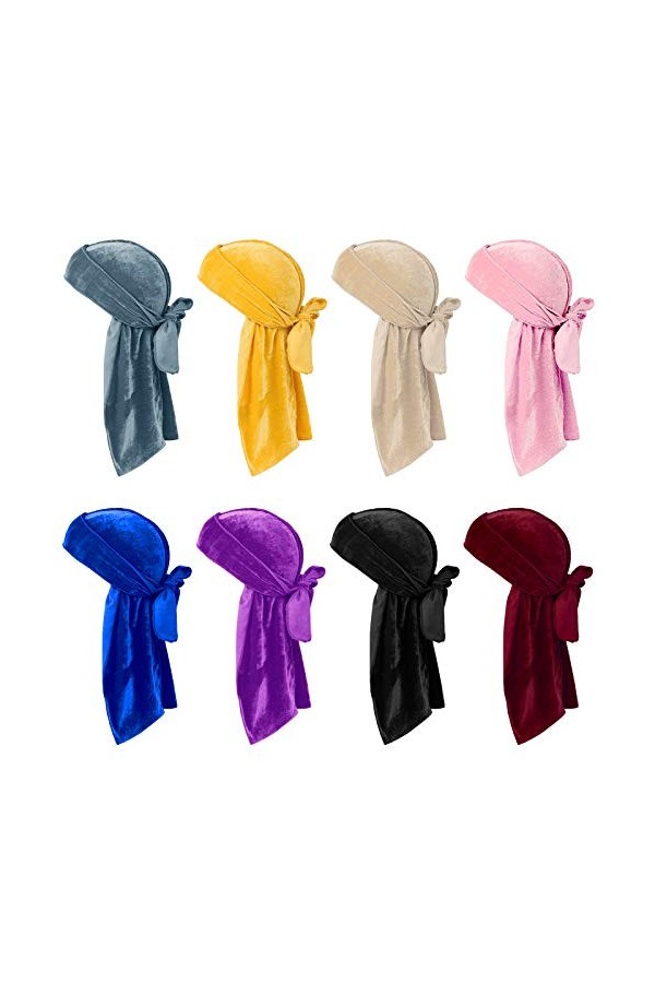 8Pcs Velvet Durag Durags pour hommes et femmes Long Tail Head Wrap Durag Turban Hat avec 4pcs Stocking Cap Longues bretelles 