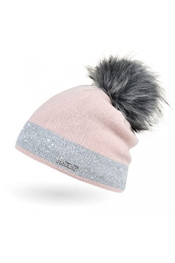 Neverless Bonnet tricoté doublé avec pompon en fourrure synthétique pour femme - - Taille Unique