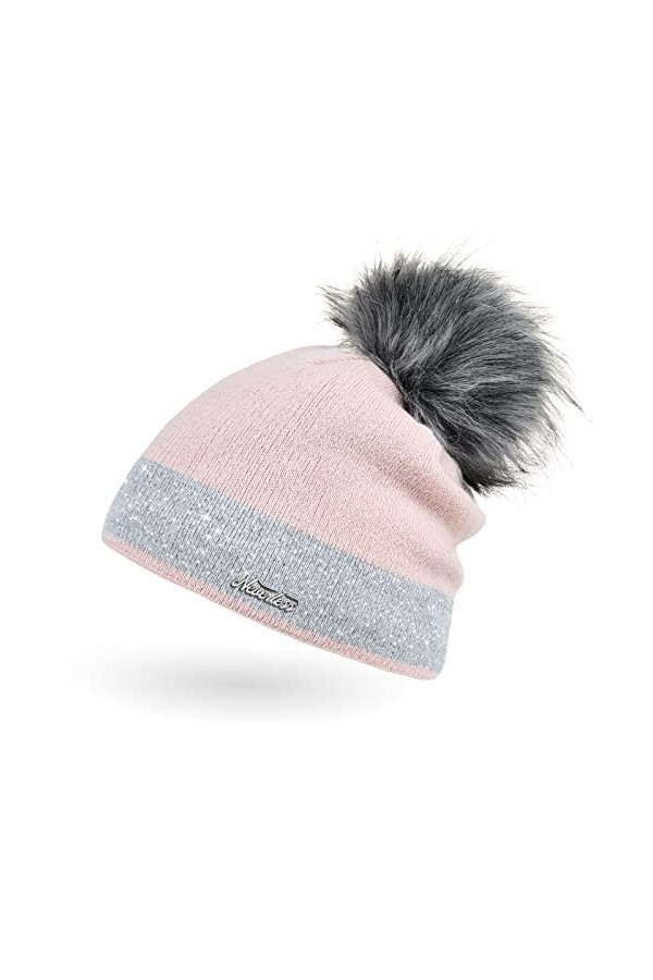 Neverless Bonnet tricoté doublé avec pompon en fourrure synthétique pour femme - - Taille Unique