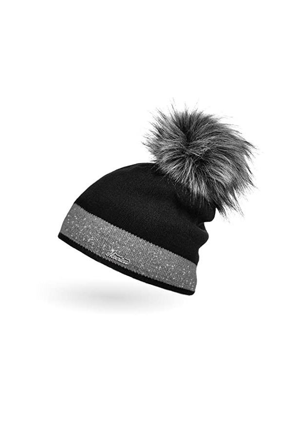 Neverless Bonnet tricoté doublé avec pompon en fourrure synthétique pour femme - - Taille Unique