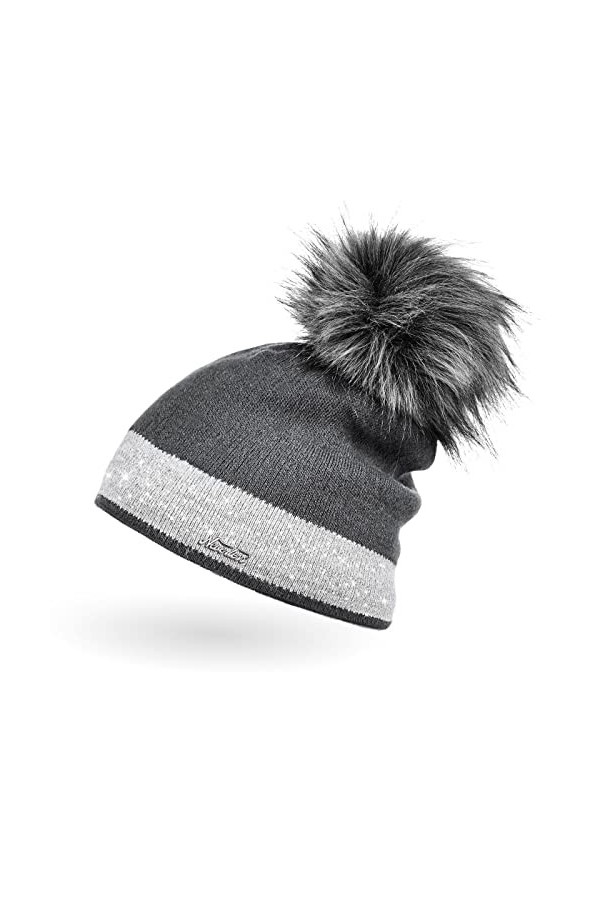 Neverless Bonnet tricoté doublé avec pompon en fourrure synthétique pour femme - - Taille Unique