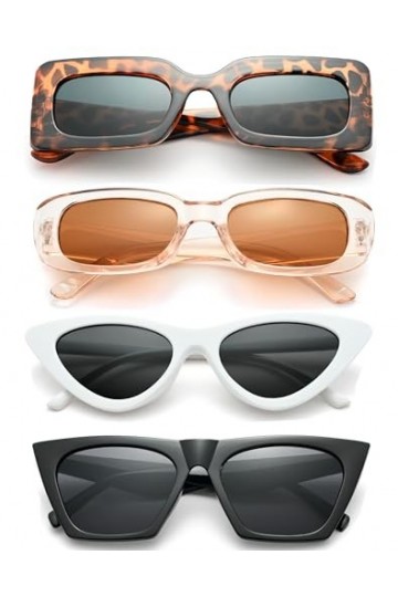 Unning Lot de 4 paires de lunettes de soleil pour femme - Rectangulaires - Amusantes - Œil de chat - Vintage - Festival - Fêt