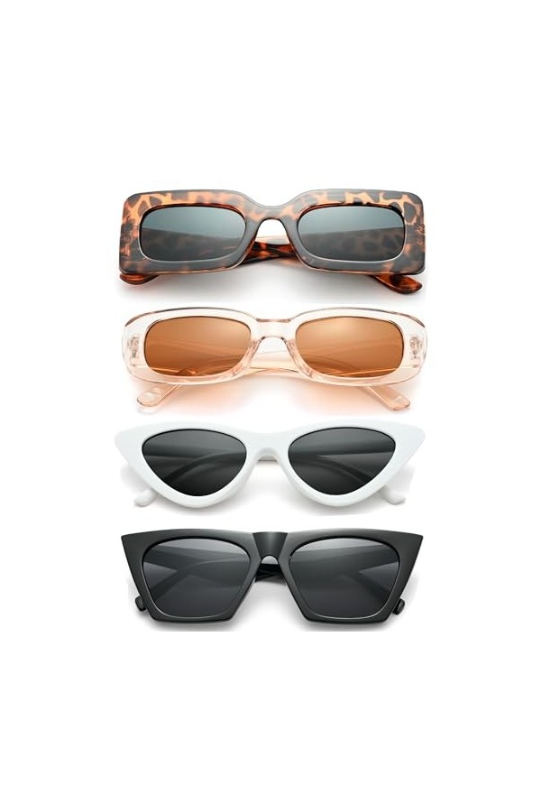 Unning Lot de 4 paires de lunettes de soleil pour femme - Rectangulaires - Amusantes - Œil de chat - Vintage - Festival - Fêt