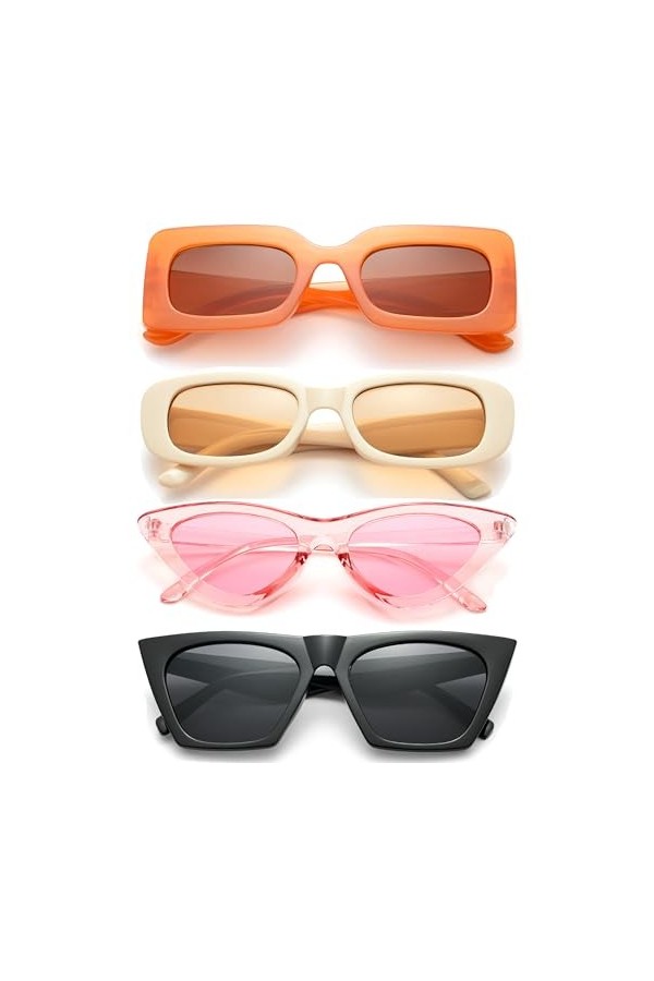 Unning Lot de 4 paires de lunettes de soleil pour femme - Rectangulaires - Amusantes - Œil de chat - Vintage - Festival - Fêt