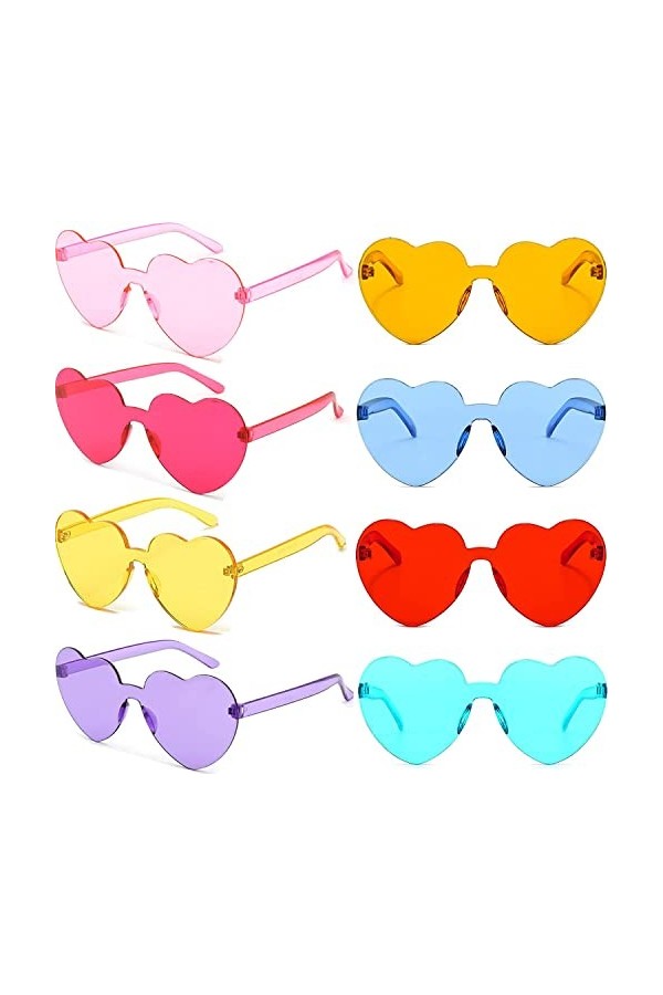 Lot Lunettes de Soleil Sans Monture Coeur Transparent Coloré Surlunettes de soleil pour Femme Fête 8 pièces 