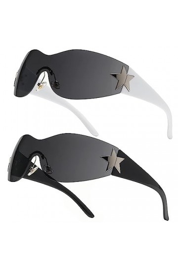 Charfia 2 Pièces Lunettes de Soleil Femme, Lunette Y2K Futures Lunettes, Star Lunette de Soleil Futuriste Femme, Surround ill