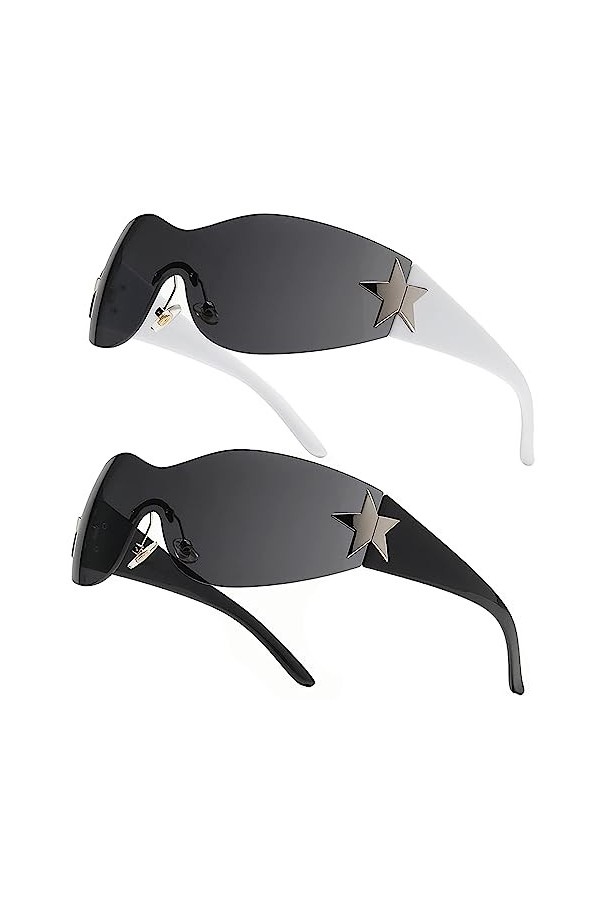 Charfia 2 Pièces Lunettes de Soleil Femme, Lunette Y2K Futures Lunettes, Star Lunette de Soleil Futuriste Femme, Surround ill