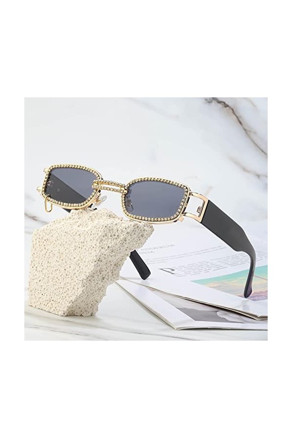 LANGYI Mew Lunettes de soleil rectangulaires en strass avec petite monture et petites branches pour homme et femme