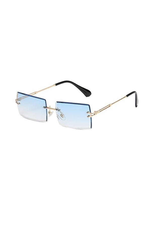 Ggpyyon Lunettes de soleil rectangulaires sans monture - Lunettes carrées transparentes Y2K pour homme et femme, Doré/bleu dé