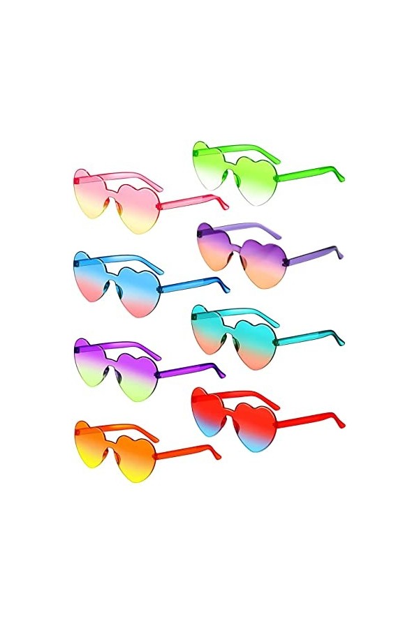 Unning Lot de 8 paires de lunettes de soleil en forme de cœur pour femme, couleur néon, lunettes amusantes transparentes pour