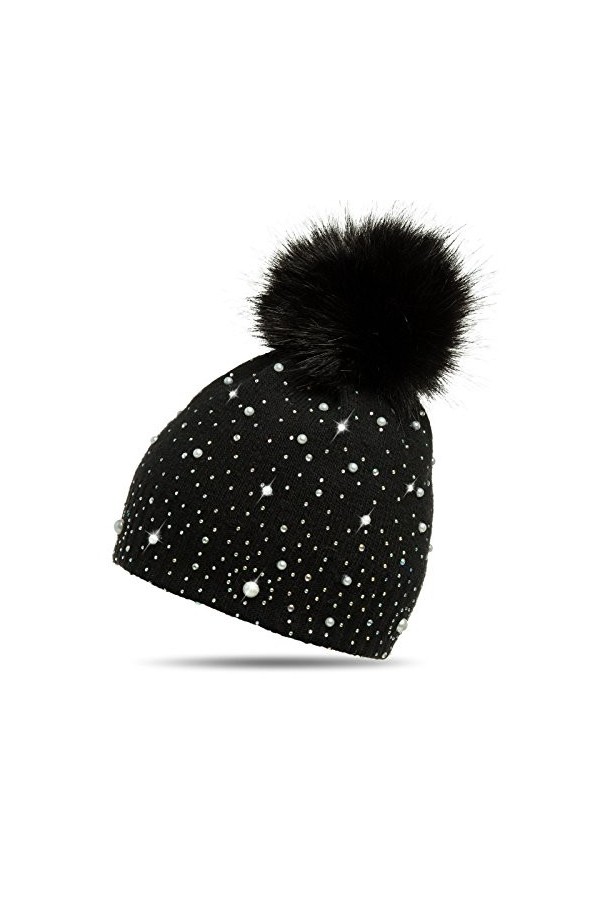 Caspar MU143 Bonnet dhiver en tricot fin avec pompon pour femme, Couleur:noir, Taille:Taille unique