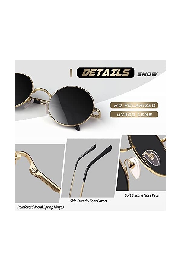 CGID E01 Petites lunettes de soleil polarisées inspirées du style retro vintage Lennon en cercle métallique rond,Cercle Noir 