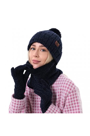 Ensemble bonnet, écharpe et gants 3 en 1 pour femme - Chaud - Doublure en polaire thermique - Avec pompon - Pour écran tactil