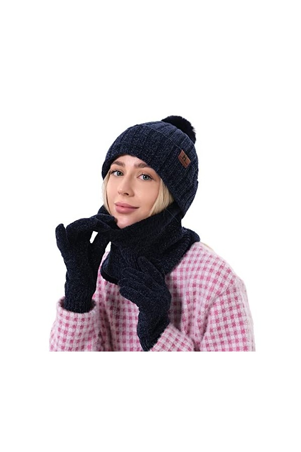 Ensemble bonnet, écharpe et gants 3 en 1 pour femme - Chaud - Doublure en polaire thermique - Avec pompon - Pour écran tactil