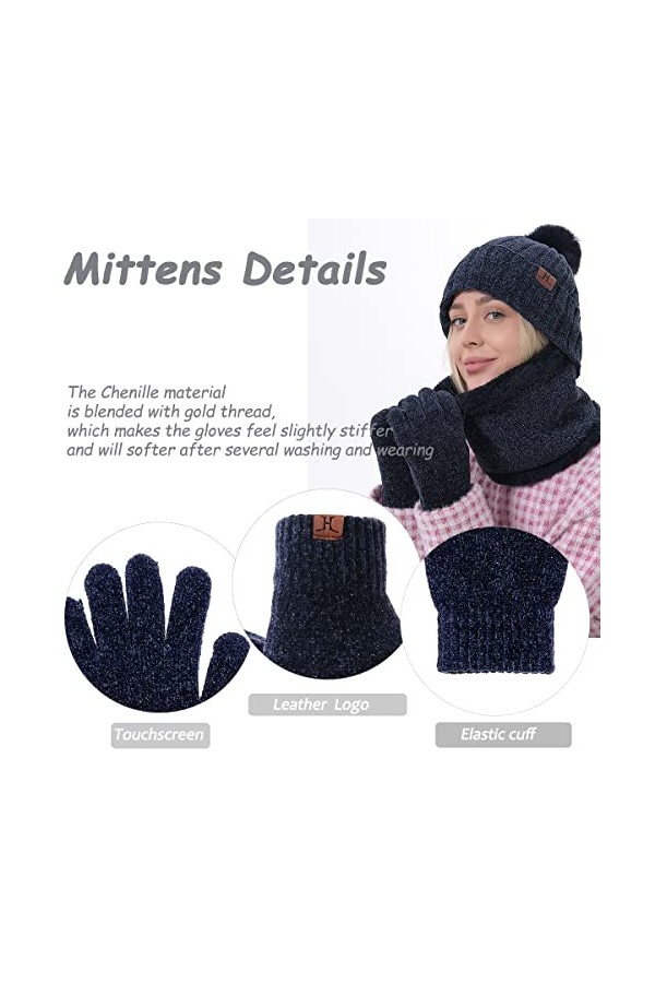 Ensemble bonnet, écharpe et gants 3 en 1 pour femme - Chaud - Doublure en polaire thermique - Avec pompon - Pour écran tactil