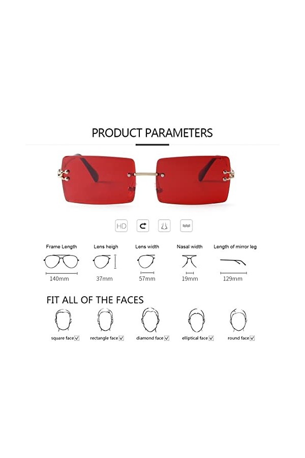 ADEWU Lunettes de soleil rectangulaires sans monture pour homme et femme Style rétro UV400 Unisexe Ultra léger, rouge