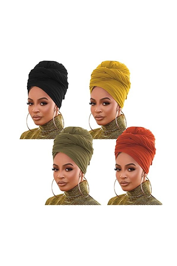 4 Pièces Jersey Stretch Turban Head Wrap KnitHeadwraps Urban Hair Scarf Couleur unie u1tra Soft Extra Long Breathable Head Ba