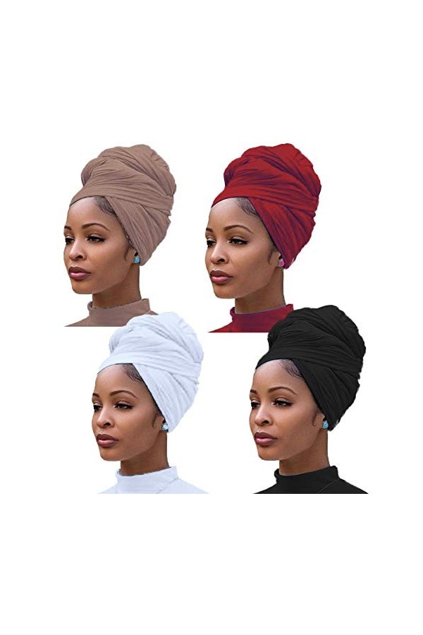 4 Pièces Jersey Stretch Turban Head Wrap KnitHeadwraps Urban Hair Scarf Couleur unie u1tra Soft Extra Long Breathable Head Ba