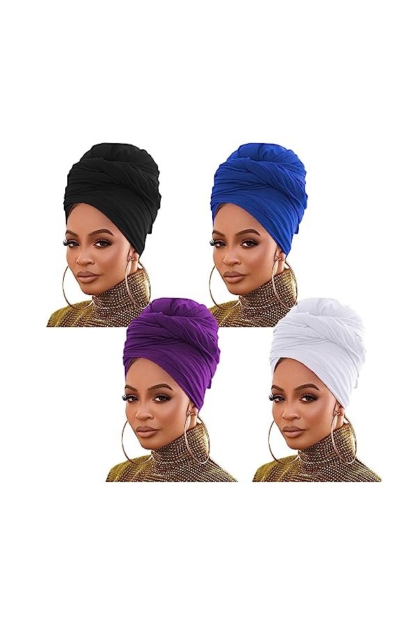4 Pièces Jersey Stretch Turban Head Wrap KnitHeadwraps Urban Hair Scarf Couleur unie u1tra Soft Extra Long Breathable Head Ba
