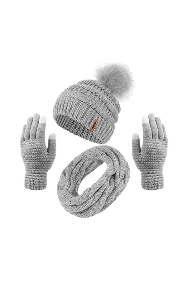Aneco Ensemble chaud dhiver pour femme avec pompon en fourrure tricotée, bonnet, écharpe, gants et accessoires pour écran ta