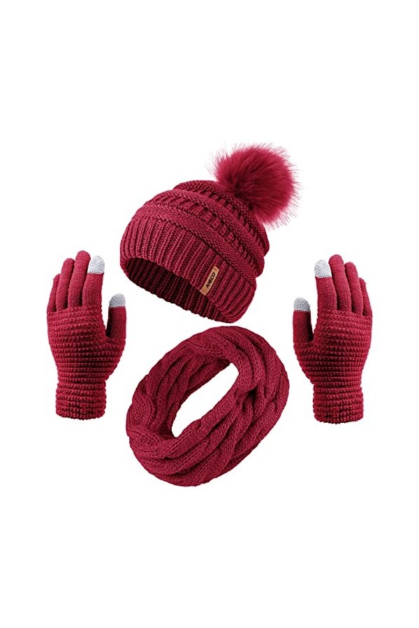 Aneco Ensemble chaud dhiver pour femme avec pompon en fourrure tricotée, bonnet, écharpe, gants et accessoires pour écran ta