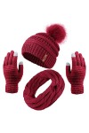 Aneco Ensemble chaud dhiver pour femme avec pompon en fourrure tricotée, bonnet, écharpe, gants et accessoires pour écran ta
