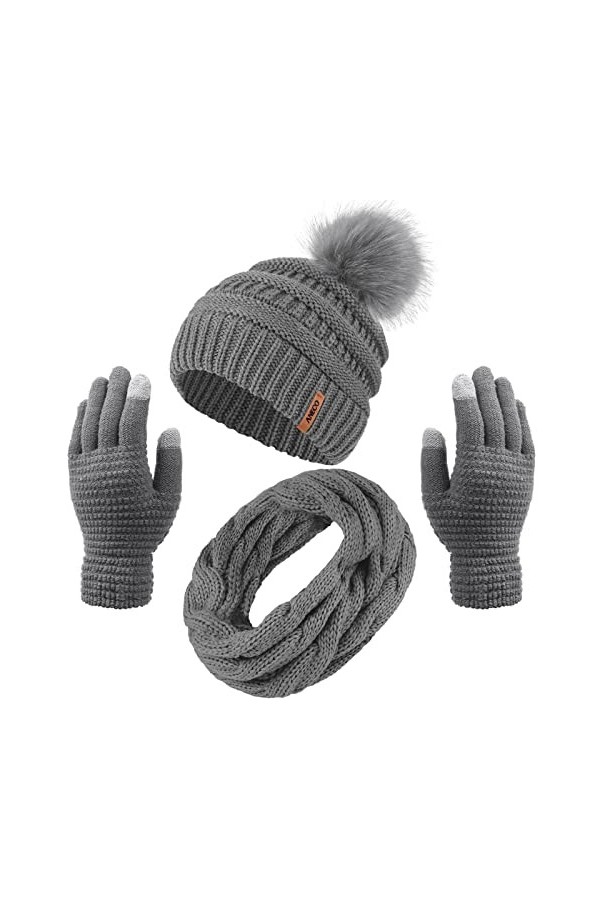 Aneco Ensemble chaud dhiver pour femme avec pompon en fourrure tricotée, bonnet, écharpe, gants et accessoires pour écran ta