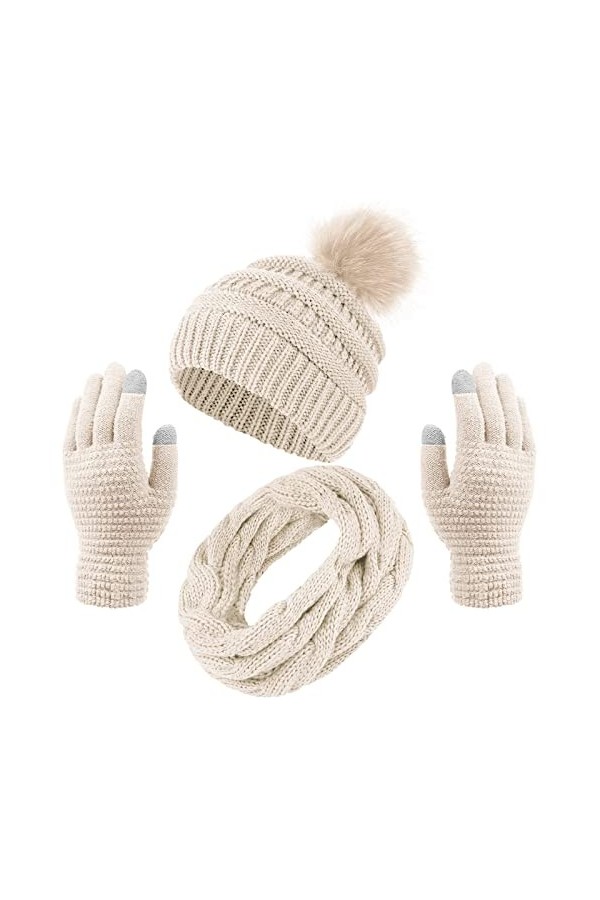 Aneco Ensemble chaud dhiver pour femme avec pompon en fourrure tricotée, bonnet, écharpe, gants et accessoires pour écran ta