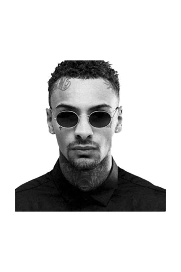DSAI Lunettes de soleil ovales rétro pour homme - Lunettes de soleil vintage pour femme - Noir et gris - 1 paire de lunettes 