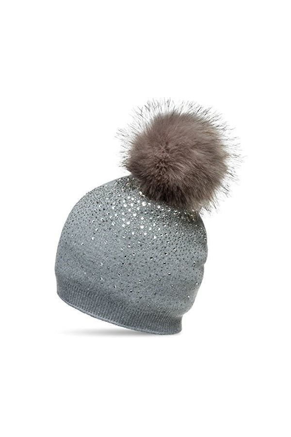 Caspar MU188 Bonnet dhiver en Tricot Fin avec Pompon et Strass pour Femme, Couleur:Gris, Taille:Taille Unique