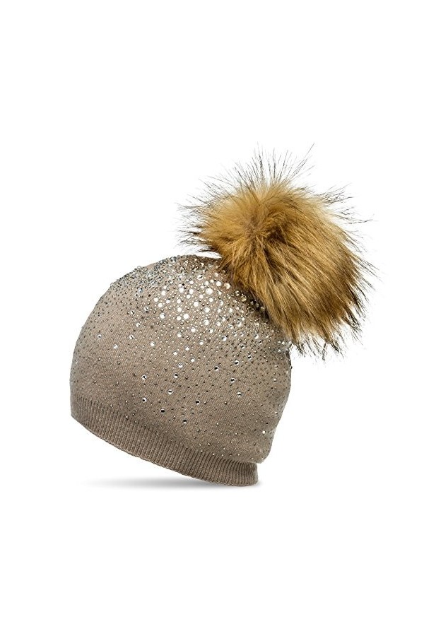 Caspar MU188 Bonnet dhiver en Tricot Fin avec Pompon et Strass pour Femme, Couleur:Gris, Taille:Taille Unique