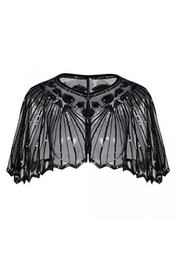 Central Chic © Châle vintage à paillettes et perles pour mariage, soirée, fête de Noël Gatsby les années 1920 - Noir - Taille